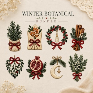 Puede incluir: Una colección digital Winter Botanical Bundle con ocho ilustraciones estilo bordado: una planta perenne en maceta, rodajas de naranja, una corona de bayas con vela, ramas de canela, muérdago, una granada, una luna creciente y pino.