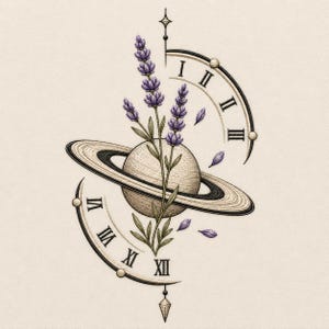 Peut inclure: Une illustration au trait représentant une planète centrale avec des anneaux, traversée par un brin vertical de fleurs de lavande violettes. Deux segments de cadran d'horloge incurvés avec des chiffres romains encadrent la planète.