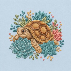 May include: An embroidery design featuring a tan tortoise with a textured shell surrounded by teal, green, and pink succulent plants and small golden sprigs on a light blue background. The detailed stitching highlights the tortoise's scales.