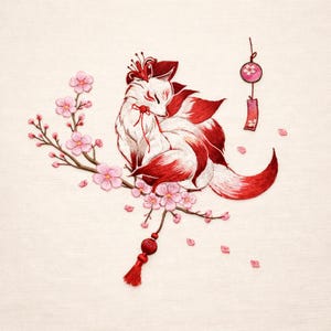 Puede incluir: Obra de arte bordada que representa un zorro blanco y rojo de nueve colas, adornado con un tocado floral y un lazo rojo. El zorro está posado en una rama con flores de cerezo rosas. Una campanilla de viento decorativa y pétalos que caen completan el diseño.