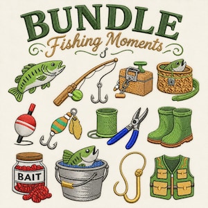 Collezione di ricami Fishing Moments Bundle - Attrezzatura da pesca - Disegni per avventure sul lago