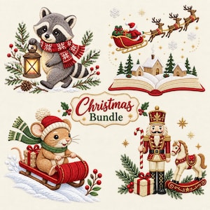 Può includere: Un set di illustrazioni digitali con un procione con lanterna, Babbo Natale su una slitta, un topo su una slitta e uno schiaccianoci con un cavallo a dondolo. Il testo Christmas Bundle è centrato, circondato da rami di pino, bacche e neve.