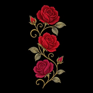 May include: An embroidery design featuring three vibrant red roses in full bloom, accompanied by two smaller rosebuds and intricate golden-yellow stems with detailed leaves, all arranged in a vertical vine pattern against a solid black background.