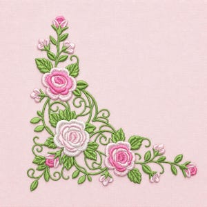 Pink Rose Corner Scrollwork Botanical Lace Garden Machine Embroidery Design