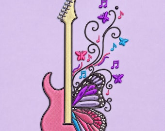 May include: An embroidered design featuring a pink electric guitar with a yellow neck. One side of the guitar body transitions into a butterfly wing with purple and pink segments. Black swirling vines, small butterflies, and musical notes surround it.