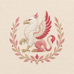 Motivo per ricamo a macchina con grifone rosa araldico, stemma di creatura mitologica, disegno
