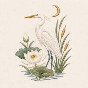 Peut inclure: Une broderie représentant une aigrette blanche debout parmi des feuilles de lotus vertes et des fleurs de lotus blanches. La scène comprend des massettes, des ondulations d'eau bleue à la base et un croissant de lune doré en haut à droite.