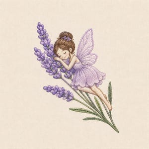 May include: A detailed embroidery of a fairy sleeping on a lavender sprig. The fairy has brown hair and wears a lavender dress and wings. The lavender is a vibrant purple, and the leaves are green. The background is a light beige.