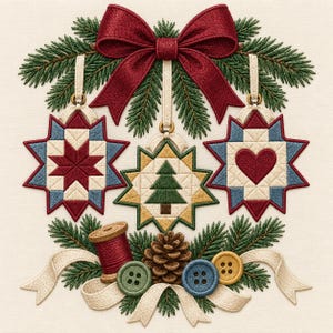 May include: An embroidery design featuring a large red bow atop three star-shaped ornaments with quilt patterns, including a star, a tree, and a heart. Below are green pine branches, a red thread spool, a pinecone, three buttons, and a cream ribbon.
