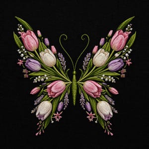 蝶の刺繍デザイン、チューリップの花の対称性、春の庭、自然の装飾デジタルファイル