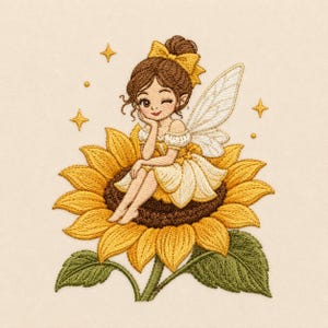 Può includere: Un ricamo raffigurante una fata che fa l'occhiolino, con capelli castani e un fiocco giallo, che indossa un abito color crema e ali traslucide, seduta sopra un grande girasole giallo con foglie verdi, circondata da piccole stelle gialle.