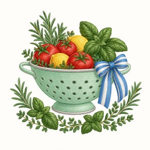 May include: A light green colander filled with red tomatoes, yellow lemons, green basil leaves, and rosemary sprigs. A blue and white striped ribbon is tied to the handle. Additional basil and rosemary sprigs are arranged at the base.