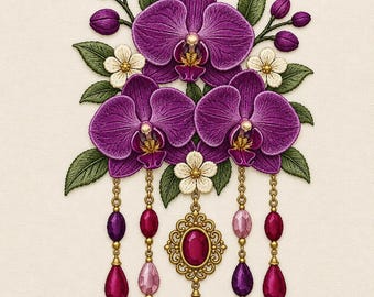 Paarse orchidee borduurpatroon met juweelkwast, bloemenornament, sweatshirt, shirt, borduurring, cadeaupatroon