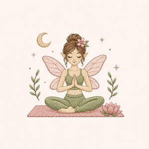 May include: An embroidered illustration of a fairy with brown hair in a bun, wearing a green sports bra and leggings, sitting in a lotus pose on a pink mat. The fairy has pink wings, a flower in their hair, and is surrounded by a crescent moon, stars, leaves, and a lotus flower.