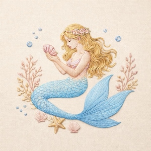 May include: Embroidered artwork of a mermaid with flowing blonde hair and a floral crown, holding a pink seashell. The mermaid has a blue tail and is surrounded by coral, seashells, and bubbles. The artwork is on a beige background.