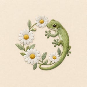 以下が含まれることがあります： 黄色い中心を持つ白いデイジーの花と緑の葉で作られた円形のリース。その右側に配置された緑色のトカゲの刺繍デザイン。トカゲは質感のある体をしており、下部で曲がった長い尻尾が特徴です。