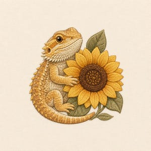 May include: An embroidery design featuring a golden-brown bearded dragon lizard with textured scales, positioned next to a large, vibrant yellow sunflower with a dark brown centre and several green leaves on a plain off-white fabric background.