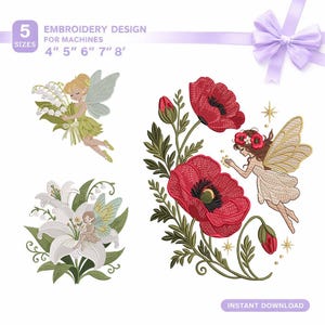 Puede incluir: Diseños de bordado con hadas y flores, incluyendo amapolas y lirios. Los diseños están disponibles en cinco tamaños: 10 cm, 13 cm, 15 cm, 18 cm y 20 cm. La imagen incluye el texto "Diseño de bordado para máquinas" y "Descarga instantánea".