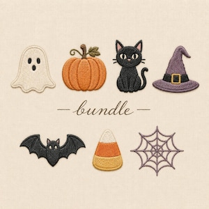 May include: An embroidered patch set featuring a white ghost, an orange pumpkin, a black cat, a purple witch hat, a black bat, a piece of candy corn, and a purple spider web. The word bundle is written in cursive script in the centre.