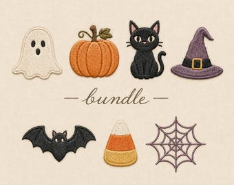 May include: An embroidered patch set featuring a white ghost, an orange pumpkin, a black cat, a purple witch hat, a black bat, a piece of candy corn, and a purple spider web. The word bundle is written in cursive script in the center.