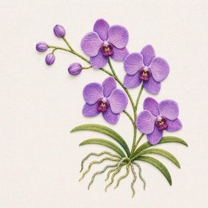 May include: Embroidered purple orchid flowers with green leaves and roots on a cream-colored background. The orchid has four open blooms and several buds, showcasing detailed stitching and a realistic design. The flower's center is a darker shade of purple with yellow accents.