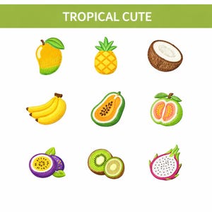 May include: A collection of embroidered tropical fruit patches, including a mango, pineapple, coconut, bananas, papaya, guava, passion fruit, kiwi, and dragon fruit. The text "TROPICAL CUTE" is displayed at the top.