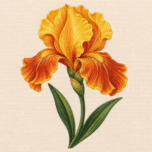 May include: An embroidered illustration of a single iris flower featuring vibrant yellow and orange ruffled petals with a textured appearance. The flower is supported by a green stem and two pointed green leaves, all set against a cream background.