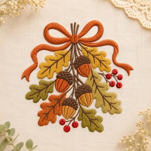 May include: An embroidery design on light fabric featuring a cluster of four acorns with brown caps and tan nuts, surrounded by oak leaves in shades of yellow, olive, and orange, accented with small red berries and a tied orange ribbon bow.