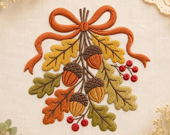 May include: An embroidery design on light fabric featuring a cluster of four acorns with brown caps and tan nuts, surrounded by oak leaves in shades of yellow, olive, and orange, accented with small red berries and a tied orange ribbon bow.