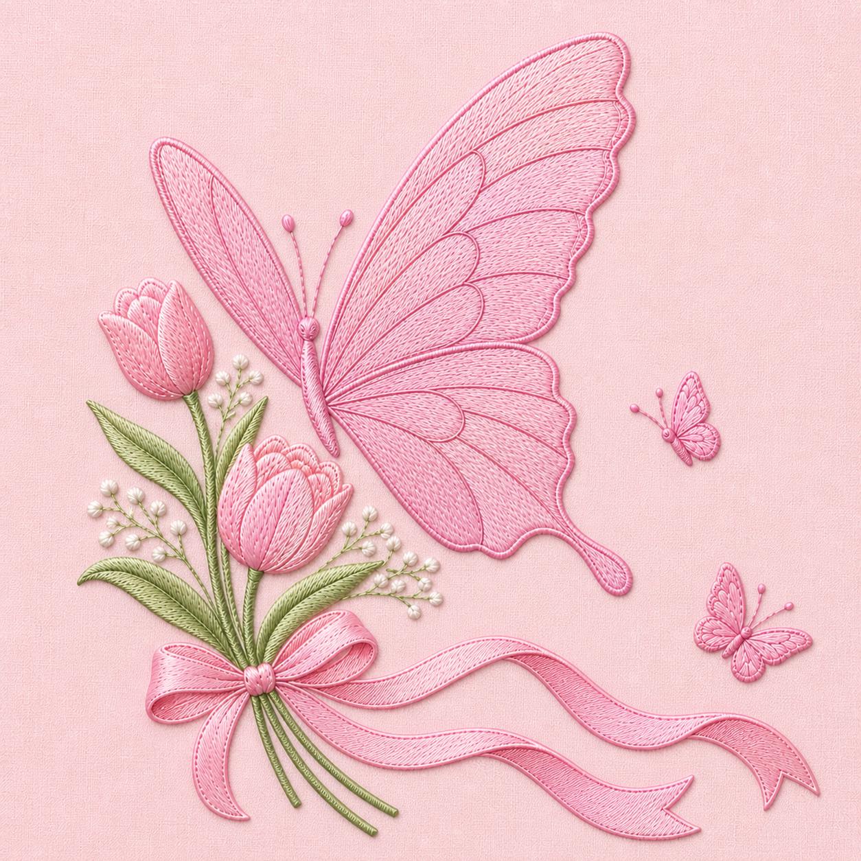 Pink Butterfly Tulip Embroidery Design Floral Ribbon Spring Garden ...