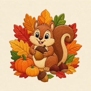May include: An embroidered design featuring a brown squirrel holding an acorn, surrounded by orange, yellow, red, and green autumn leaves, two orange pumpkins, and two brown chestnuts on a light cream-colored fabric background.