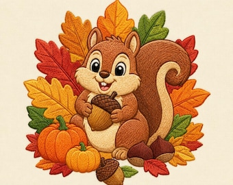 Squirrel Autumn Thanksgiving Embroidery Design Pumpkin Harvest Woodland Machine Stitching Sweatshirt Shirt Gift Hoop