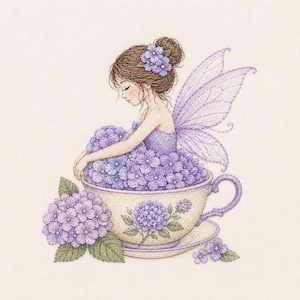 May include: An embroidery design featuring a fairy with brown hair styled in a bun adorned with purple flowers. The fairy has light purple wings and sits inside a teacup filled with purple hydrangea blossoms, with more flowers at the base.