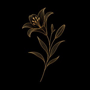 May include: A golden lily illustration on a black background. The flower has detailed lines, with petals and leaves. The stem and buds are also outlined in gold, creating a delicate and elegant design. The overall aesthetic is minimalist and sophisticated.