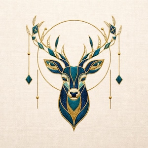 May include: Embroidered artwork of a deer head in blue and gold. The design features geometric patterns and a gold circle behind the deer. The antlers and face have detailed patterns. The background is cream-colored, and the design includes hanging gold accents.