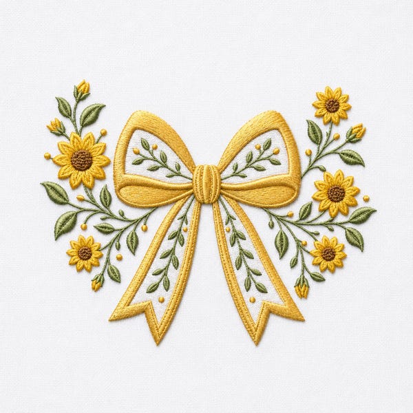 Sunflower Ribbon Bow Embroidery Design Floral Cottagecore Rustic Garden Pattern