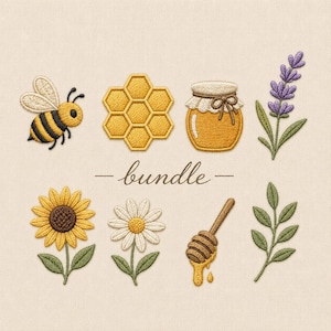 Peut inclure: Un ensemble de motifs de broderie comprenant une abeille, un rayon de miel, un pot de miel, un brin de lavande, un tournesol, une marguerite, une cuillère à miel et une branche feuillue. Le mot bundle est centré en écriture cursive sur un fond beige.