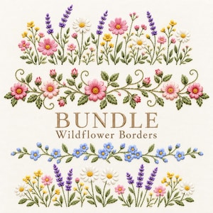 Può includere: Un set di disegni per ricamo intitolato BUNDLE Wildflower Borders che presenta quattro bordi floreali distinti. I motivi includono lavanda, margherite, cosmee rosa e nontiscordardime blu con foglie verdi su uno sfondo color crema.