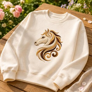 May include: A cream-coloured crewneck sweatshirt featuring an embroidered design of a horse head in profile. The horse is depicted with flowing, stylised mane details in shades of tan, gold, and dark brown, centred on the front of the garment.