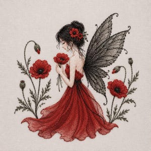 Op de afbeelding: Een geborduurd kunstwerk toont een fee in een rode jurk met rode klaprozen. De fee heeft zwart haar met rode bloemen en grote zwarte vleugels. Het kunstwerk is geplaatst tegen een neutrale achtergrond, met extra klaproosbloemen.