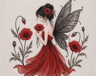 Poppy Fairy Embroidery Pattern Gothic Floral Wings Digital Stitch Artwork Printable