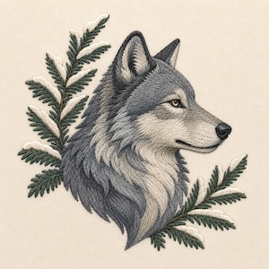 Könnte beinhalten: Ein Stickdesign mit einem grauen und weißen Wolfskopf im Profil, umgeben von dunkelgrünen Kiefernzweigen, die mit weißem Schnee bestäubt sind. Der Wolf hat detaillierte Fellstrukturen, spitze Ohren und eine schwarze Nase auf cremefarbenem Stoff.