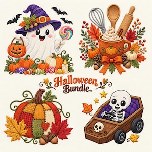 Könnte beinhalten: Ein digitales Stickmuster-Set mit dem Titel Halloween Bundle, das einen Geist mit Hexenhut, Kürbiseimer und Lollipop, einen Kakaobecher mit Backutensilien, einen Patchwork-Kürbis mit Herbstblättern und ein Skelett in einem Sarg-Auto zeigt.