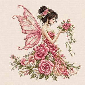 Digital nedladdning av älvblommigt broderimönster för rosenvinge flicka vintage maskinmönster