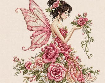 Fairy floral embroidery design digital download rose wing girl vintage machine pattern