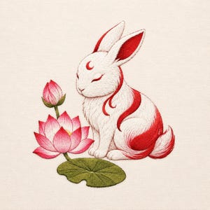 May include: An embroidery design featuring a white rabbit with red markings, including a crescent moon on its forehead, sitting beside a pink lotus flower and a green lily pad. The rabbit has closed eyes and is rendered in detailed thread work.