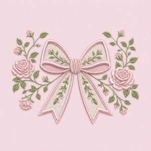 May include: An embroidery design featuring a central light pink bow with white textured centers, accented by green vines and light pink rose blossoms on both sides. The bow and floral elements are stitched with detailed thread work.
