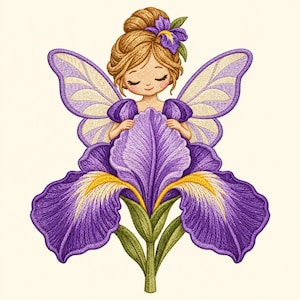 Puede incluir: Un diseño bordado que muestra a un hada con cabello castaño claro recogido en un moño, vistiendo un vestido morado y alas translúcidas. El hada está situada detrás de una gran flor de iris morada con detalles amarillos y tallos verdes.