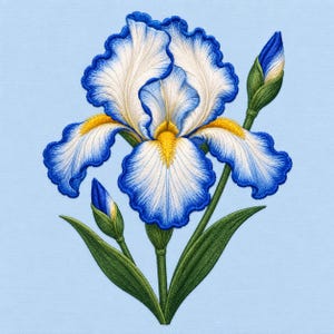 Puede incluir: Un diseño de flor de iris bordado con pétalos blancos, bordes azules ondulados y un centro amarillo brillante. El motivo floral incluye dos capullos verdes y hojas verdes alargadas, todo realizado con costuras detalladas sobre una tela azul claro.