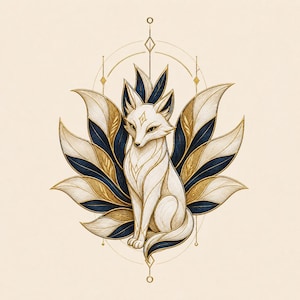 Mystic Kitsune Broderidesign Elegant Nio Stjärträv Himmelsk Japansk Fantasy Konstverk